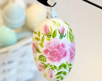 Adorno de cristal con forma de huevo de rosa rosa de Pascua, decoración de Pascua, adorno de huevo floral pintado a mano, regalo de Pascua, regalo de inauguración de la casa