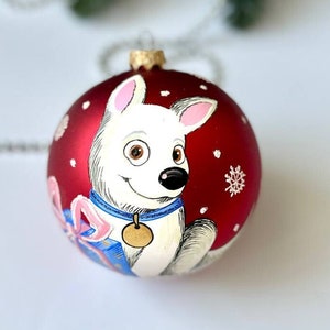 Cute white dog Christmas glass ornament, Xmas tree hanging ornament, dog lover Xmas gift