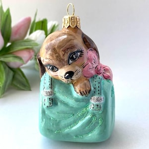 Dog in Bag Christmas glass ornament, Glass hand-painted dog portrait Xmas tree ornament, Christmas decoration, Dog lovers gift