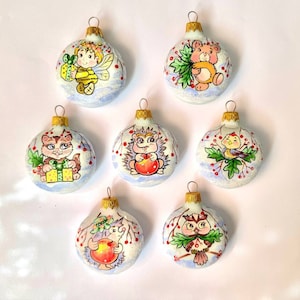 Christmas hand-painted glass baubles ornaments with cute animals, Xmas tree hanging decorations