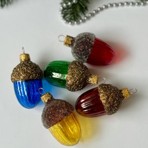Acorn colorful glass Christmas ornament, Woodland Xmas tree hanging decoration, hand blown, hand painted