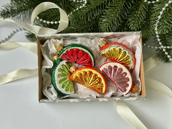 Christmas ornaments citrus fruit slices, Xmas tree hanging decorations, glass painted ornaments winter holidays decor