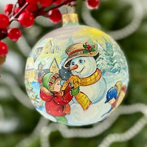 Hand painted glass Christmas bauble, Snowman and child, Xmas tree hanging decoration, hand blown