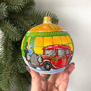 Red Retro car Christmas ornament, Hand painted glass Christmas ornaments, Collectible Bauble, Christmas Gift