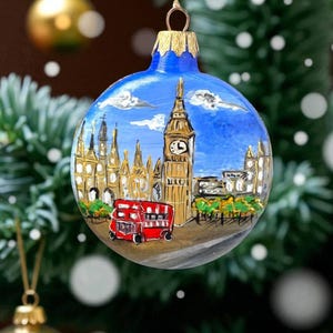 Unique Travel Souvenir Gift, London Hand-Painted Christmas Ornament, Big Ben and Red Bus, United Kingdom Memories, City glass ornament