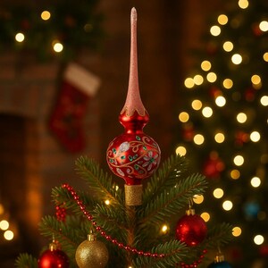 Red Christmas tree top, Glass Xmas Ornament with Glitter, Hand-painted Christmas ornaments, Xmas decoration