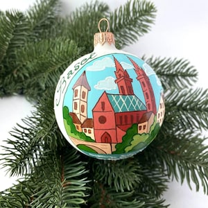 Basel travel gift, Christmas glass ornament, Xmas collectible bauble, hand painted Christmas tree glass ball, Swiss travel gift