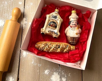 Bakery ornament set, French baguette chef kitchen decor, glass Christmas baker gift