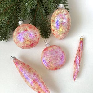 Iridescent Pink Glass Christmas Ornaments Set: Handmade Vintage Baubles