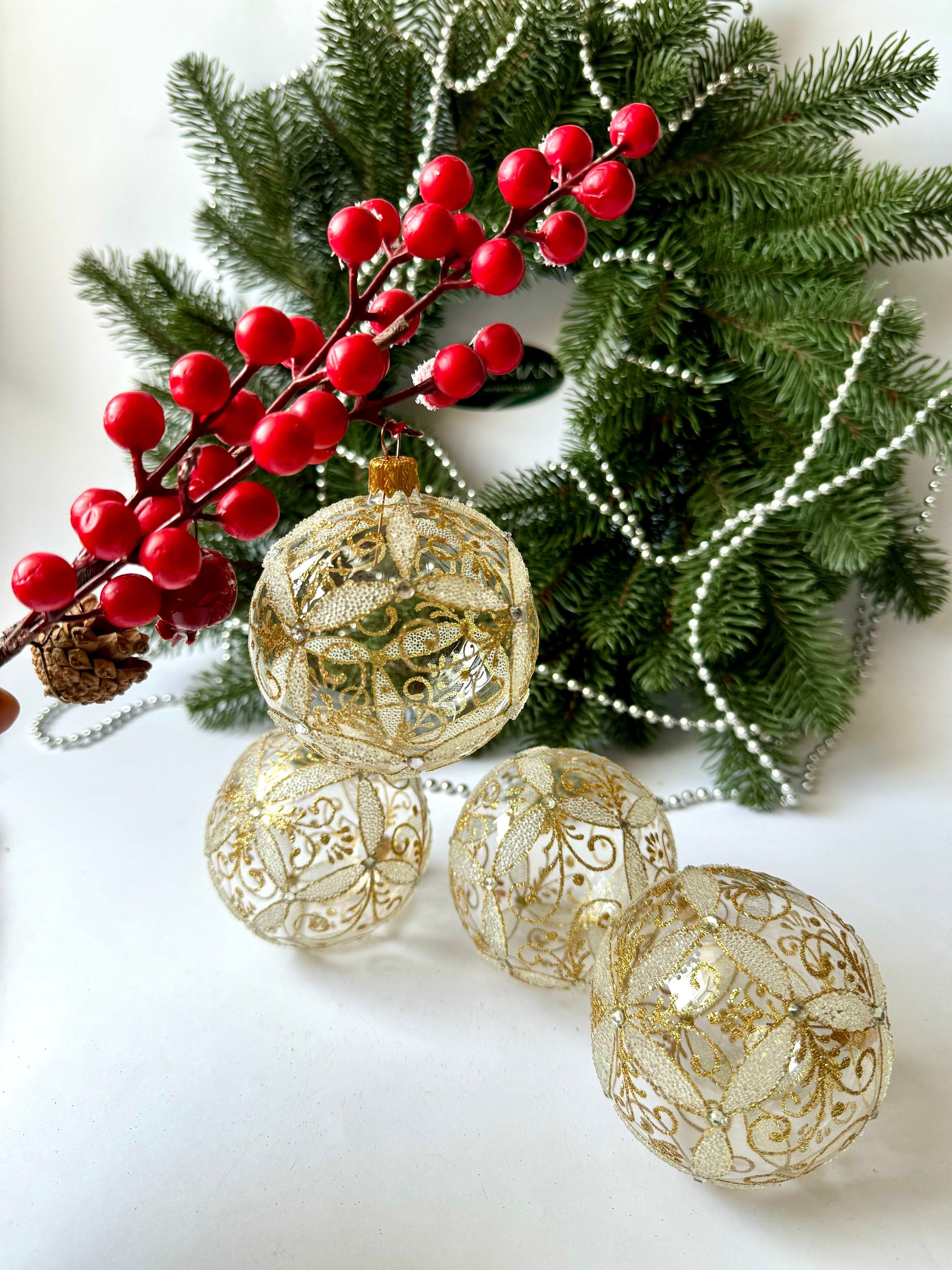 Gold glitter glass Christmas ornaments set of 4 hand painted Xmass tree balls, collectible baubles