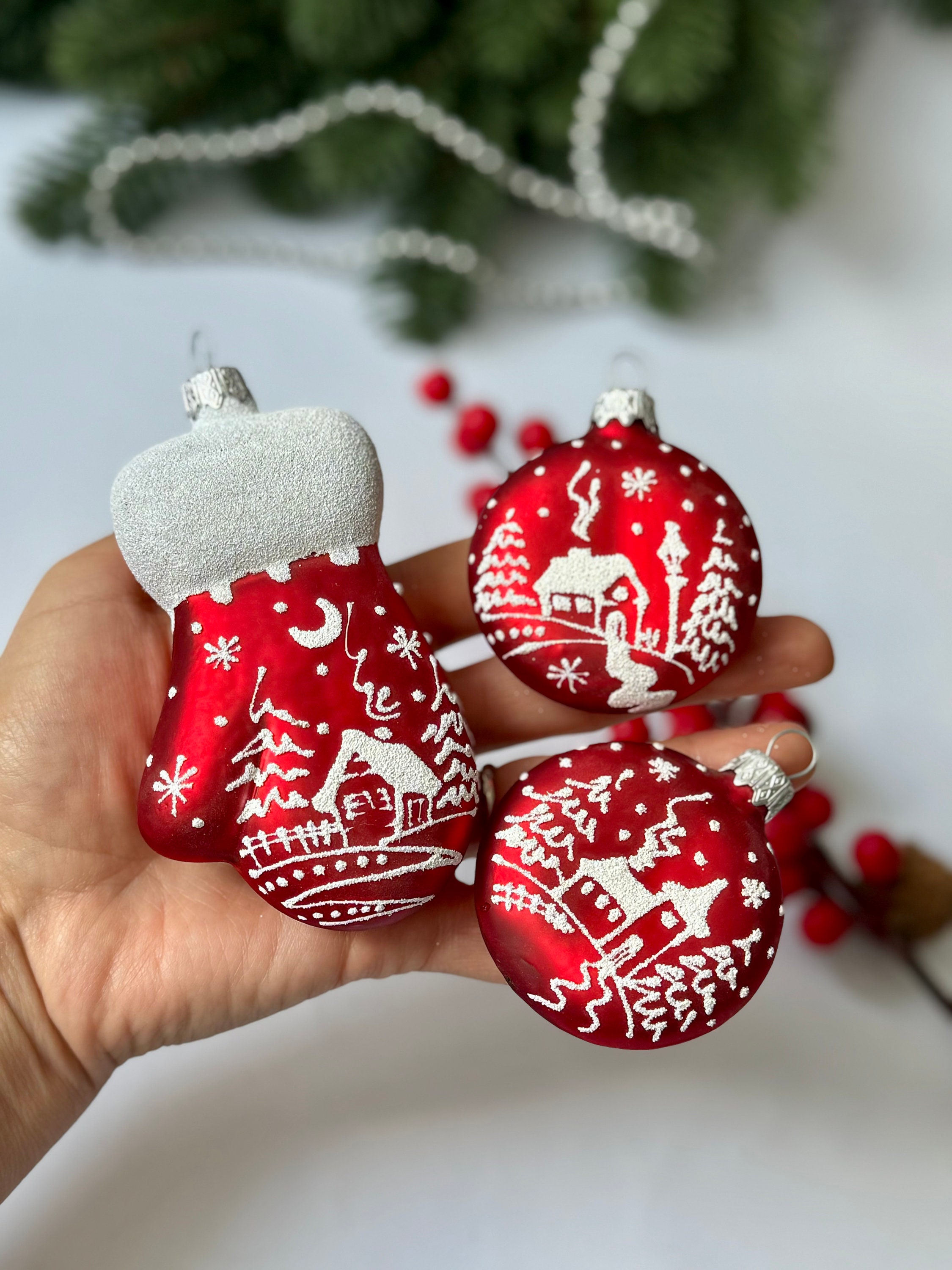 手描きのクリスマスオーナメントセット、キラキラガラスのクリスマス