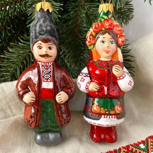 Ukrainian wedding gift, Cossack Christmas hand-painted ornament, Ukrainian Traditional couple, Set of 2 glass Xmas ornaments, Ukrainian gift