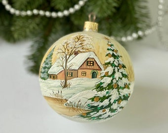 Winterdorp landschap glazen kerstornament, huis handgeschilderde kerstboom hangende decoratie, met de hand geblazen