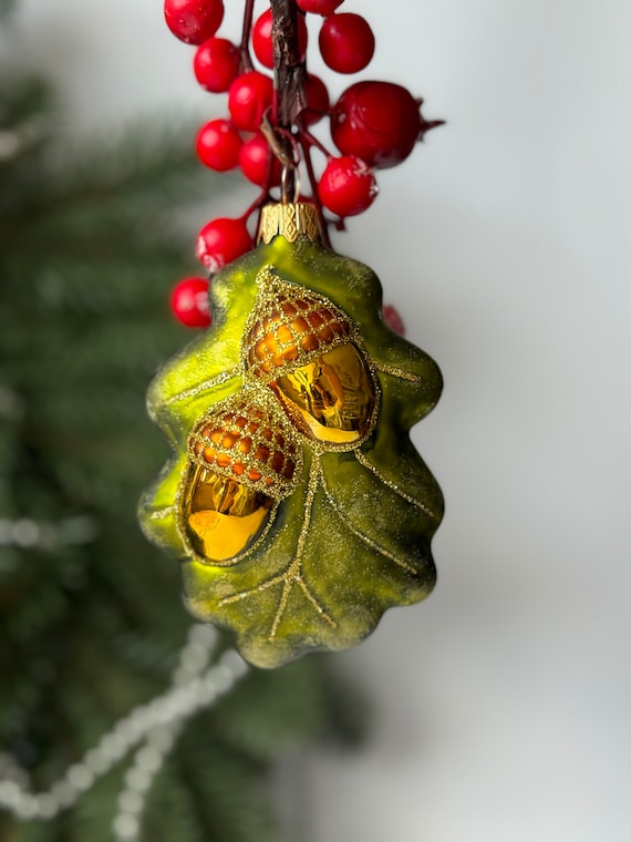 Christmas tree ornament, hand painted xmas decoration, leaf with acorns hanging ornament, glass decor for winter holidays