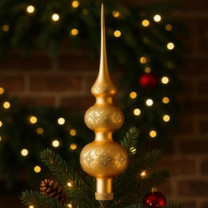 Gold Christmas glass tree topper, Christmas tree ornaments, Hand-painted Xmas bauble, Christmas gift