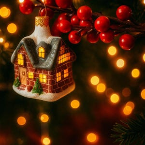 Gingerbread House glass Christmas ornament, Xmas tree hanging hand-painted decoration, hand blown Christmas ornament
