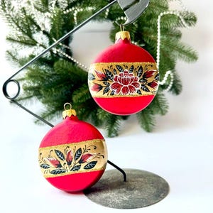 Red Gold Ukrainian Christmas hand-painted glass ornament, Petrykivka painting, collectible bauble, countryside winter holiday decor