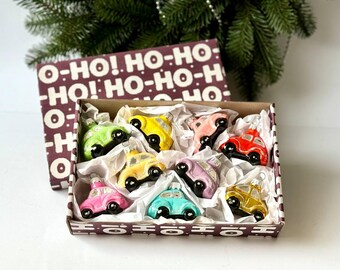 Set of 9 colorful Car glass ornaments, Hand Blown Glass Christmas ornaments, Collectible Bauble, Christmas Gift