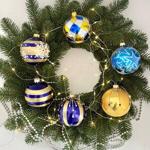 Blue-gold Christmas glass Ornaments, Hand-Painted Baubles,  Unique Xmas  Decor