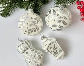 Frosted kerstornamenten, witte kerstornamenten, Mitten lantaarnhuis glazen kerstornamenten set, handgeblazen kerst hangende decoraties