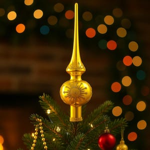 Gold Christmas spire, Green glass Christmas hand-painted topper, Xmas tree ornaments, Holiday decor