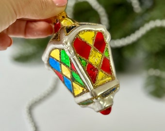 Geometric pattern glass Christmas ornament, Lantern Xmas tree hanging decorations, bright colorful glass winter decor
