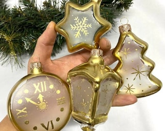 Set of White and Gold Christmass glass ornaments, Lantern  Xmas tree hanging decorations, winter holiday decor