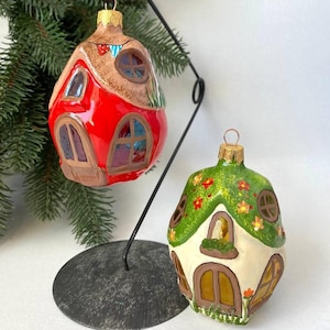 Fairy house glass Christmas ornament, Xmas glass hanging hand painted tree decoration, hand blown