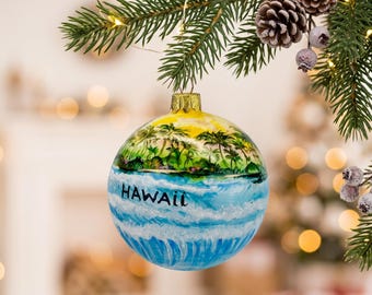 Hawaii Christmas Glass Ornament, Hand-Painted Tropical USA Travel Gift