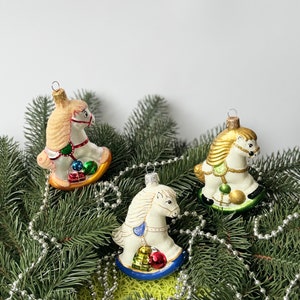 Rocking horse glass Christmas ornament, First Christmas hand painted Xmas tree hanging decoration, hand blown