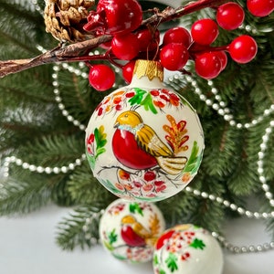 Acrylic painted Christmas ball with bird, Xmas tree hanging ornament, cottagecore winter holiday home decor