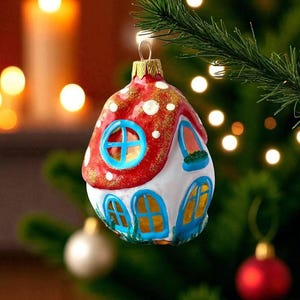Fairy House Christmas ornament, Red Mushroom Cottage, Holiday Tree Decor, Hand-Painted Christmas Ornament, Xmas gift idea