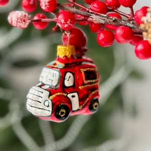 Fire Truck Glass Christmas Ornament, Firefighter Gift, Handmade Holiday Decoration, Dad Gift Idea