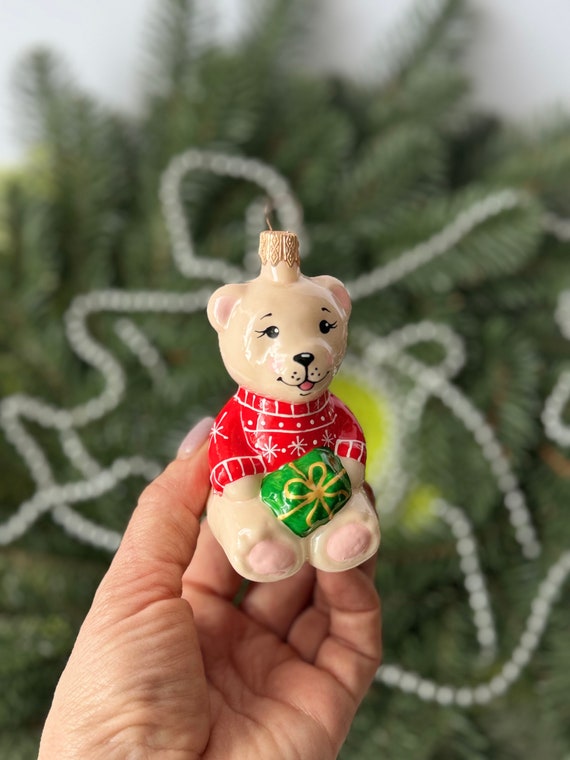 Teddy Bear With Gift Box Glass Christmas Ornament, Cute Bear in