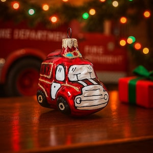 Fire Truck Glass Ornament, Gift for Firefighter or First Responder, Hand Blown & Painted Christmas Decoration, Red Rescue Vehicle