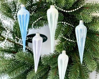 Set of 5 Blue Icicles Christmas glass ornaments, Xmas tree hanging decorations, winter holiday decor
