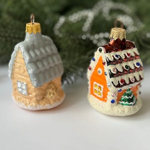 Gingerbread House glass Christmas ornament, Xmas glass hanging hand painted tree decoration, hand blown