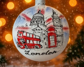 Magical London City Snow Dome Glass Christmas Tree Hanging Bauble