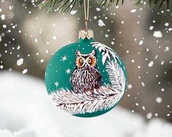 Handbemalte Eule Ornament, mundgeblasene Glas Waldkugel