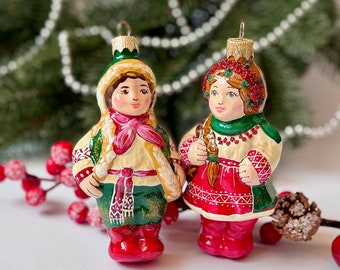 Ukrainian Girls in Traditional Dress figurines glass Christmas ornaments, Set of 2 hand painted Xmas tree hanging decoration, hand blown