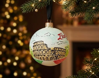 Regalo de viaje a Italia, adorno navideño de cristal, regalo de Roma, Coliseo, pintado a mano