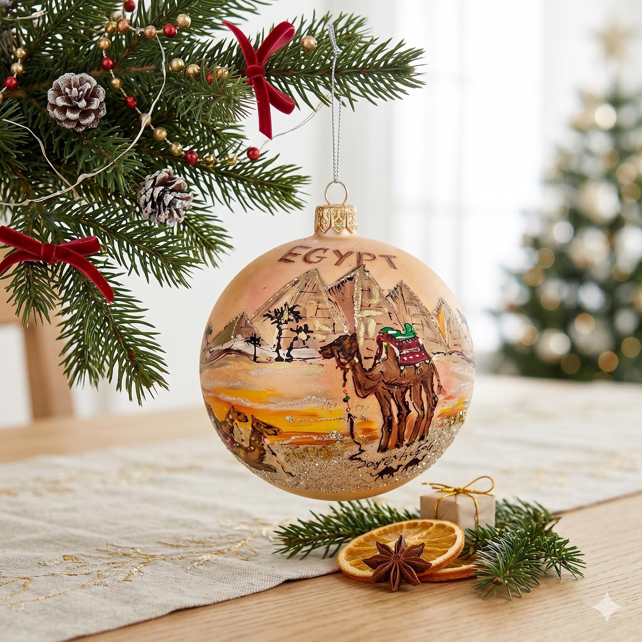 エジプトのクリスマスガラスオーナメント、ラクダのピラミッドの