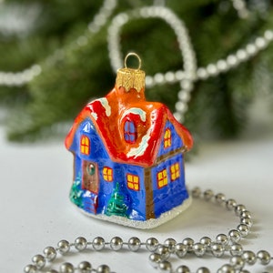 Blue House glass Christmas ornament, Gingerbread house Xmas tree hanging hand painted decoration, hand blown