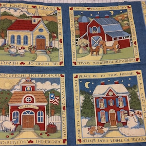 VILLAGE À L&#39;ANCIENNE en 4 panneaux. Panneau en tissu pour école, grange, église et maison - Coton 35 x 43