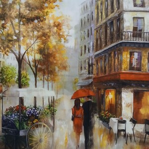 Stoffpanel PARIS im REGEN. Ein Aquarelldruck auf Baumwollstoff. Ein Paar, mit einem Regenschirm, im Regen spazieren. Herbstfarben, Blumenwagen.