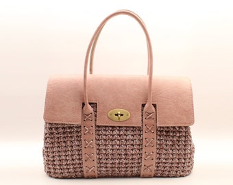 Pink Crochet Shoulder Bag with Leather, Fashion Bag, Pink Tote Bag, Pink Handbag, Crochet Handmade Bag, Crochet Leather Bag, Luxury Bag