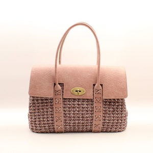 Pink Crochet Shoulder Bag with Leather, Fashion Bag, Pink Tote Bag, Pink Handbag, Crochet Handmade Bag, Crochet Leather Bag, Luxury Bag