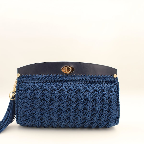 Blue Clutch Bag, Crochet Leather Handbag, Blue Evening Bag, Fashion Clutch, Luxury Bag For Women, Gift For Her, Bridesmaid Gift, Event Bag