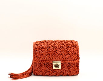 Crochet Crossbody Clutch Bag, Silk Lined, Rust Red