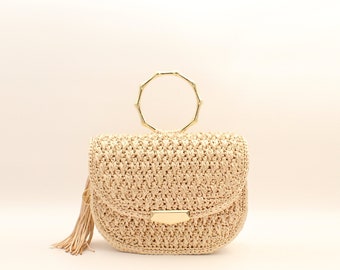 Bolso de mano de ganchillo hecho a mano, monedero de polipropileno beige, bolso de mano dorado